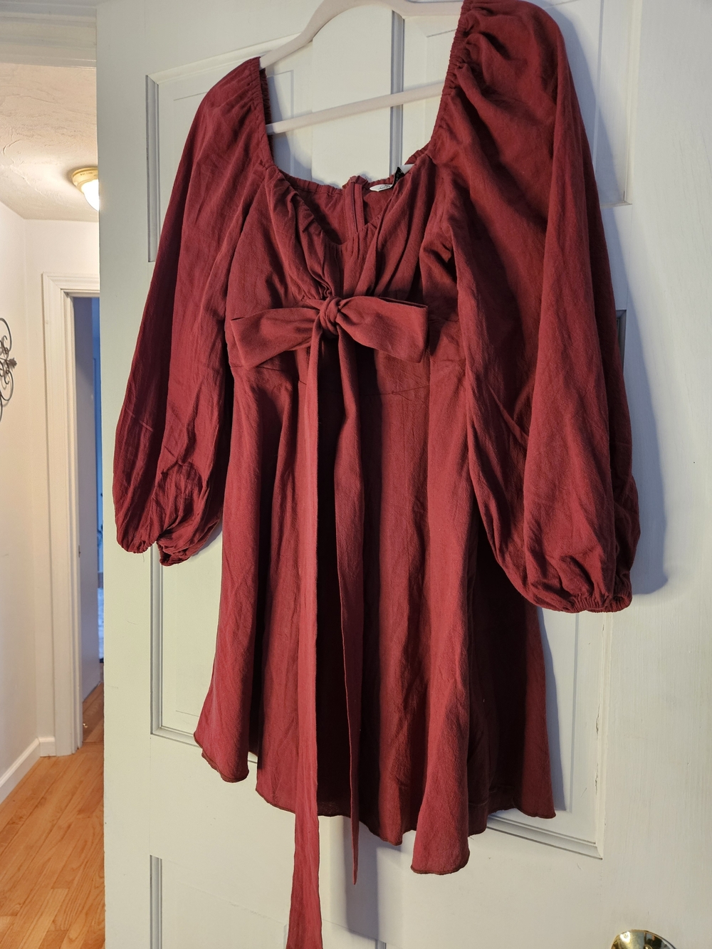 Women’s Burgundy Tie-Front Mini Dress with Puff Sleeves